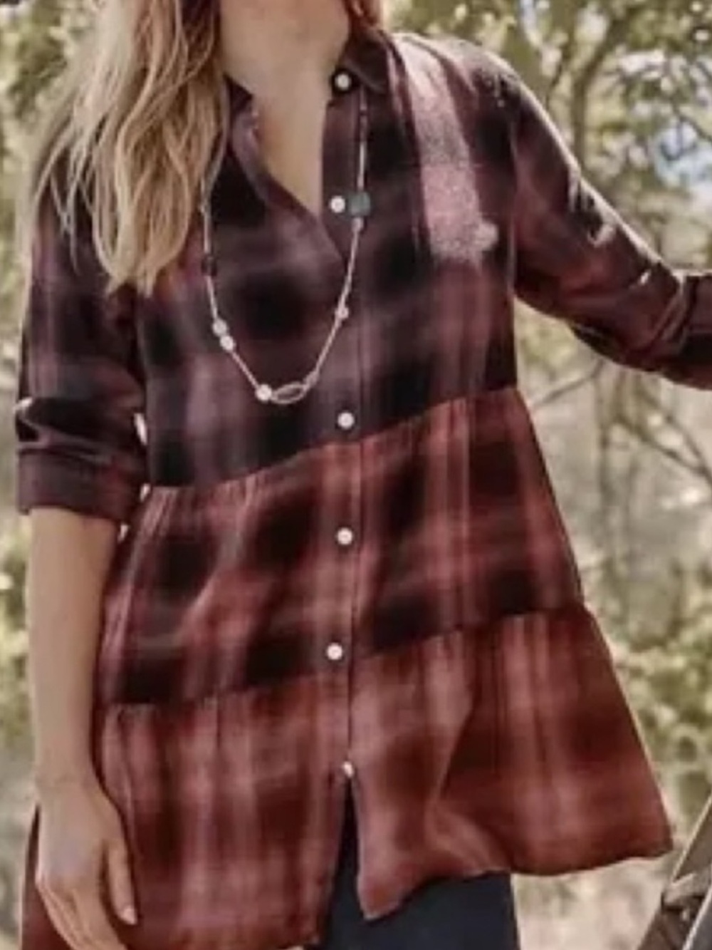 J Jill OmbrƩ Burgundy and Black Plaid Button-Down Tiered Flannel Shirt Size XL